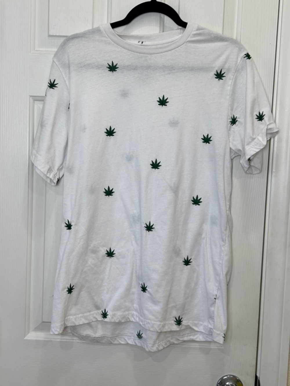 Eighty Eight White Tee with Embroidered Green Cannabis Weed Leaves XL